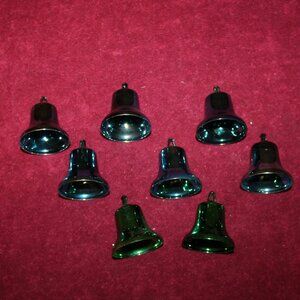 Vintage Hard Plastic Christmas Bell Ornaments - 6 blue and 2 green